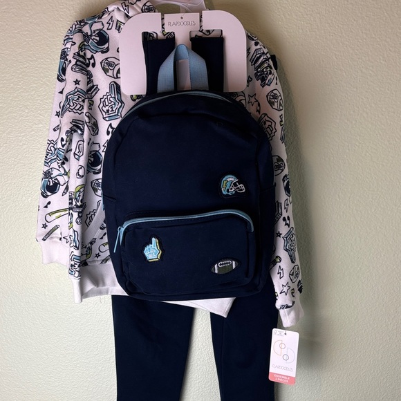 Flapdoodles Sports 3 Piece Set Sweatsuit Jogger Hoodie Navy Backpack Fun Patches - Picture 2 of 10